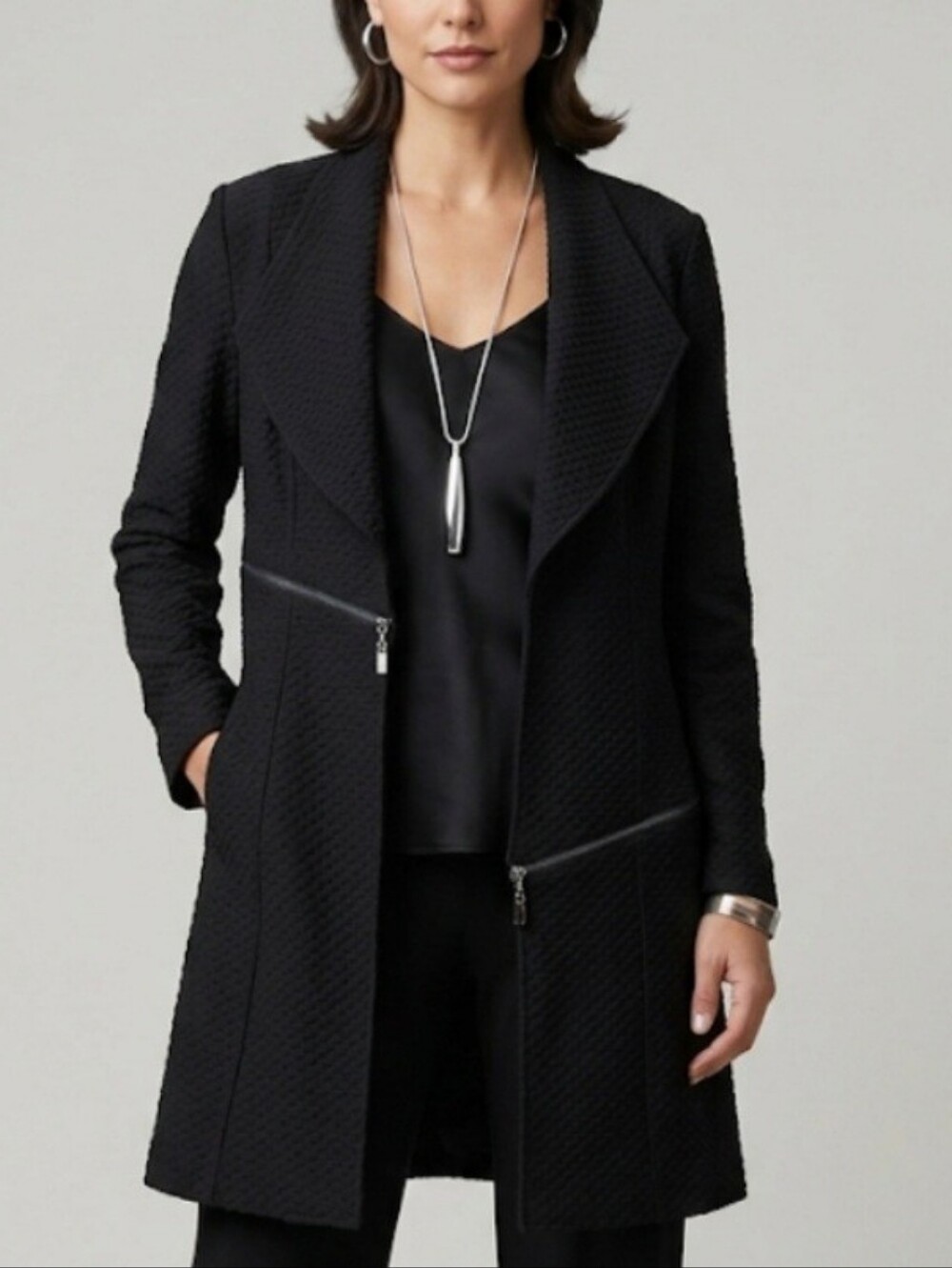 Joseph Ribkoff Textured Long Barcelona Blazer Jacket Light Coat Sz 12 Black